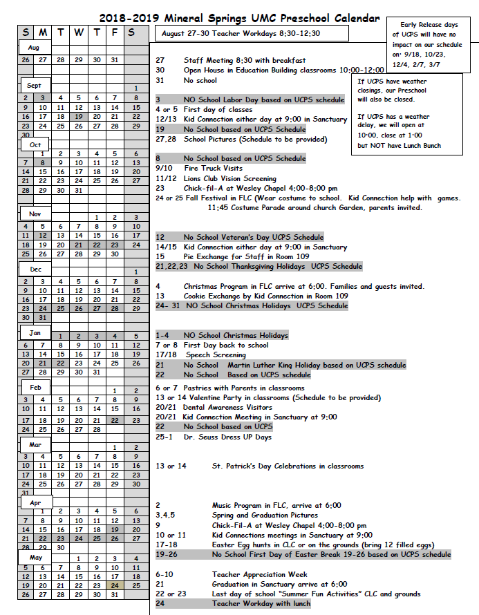 School Calendar Mineral Springs UMC Preschool